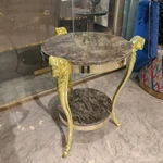 Round Natural Stone Sofa Side Table with Sculpted Ram-Head Gold-Tone Metal Legs and Lower Display Shelf
